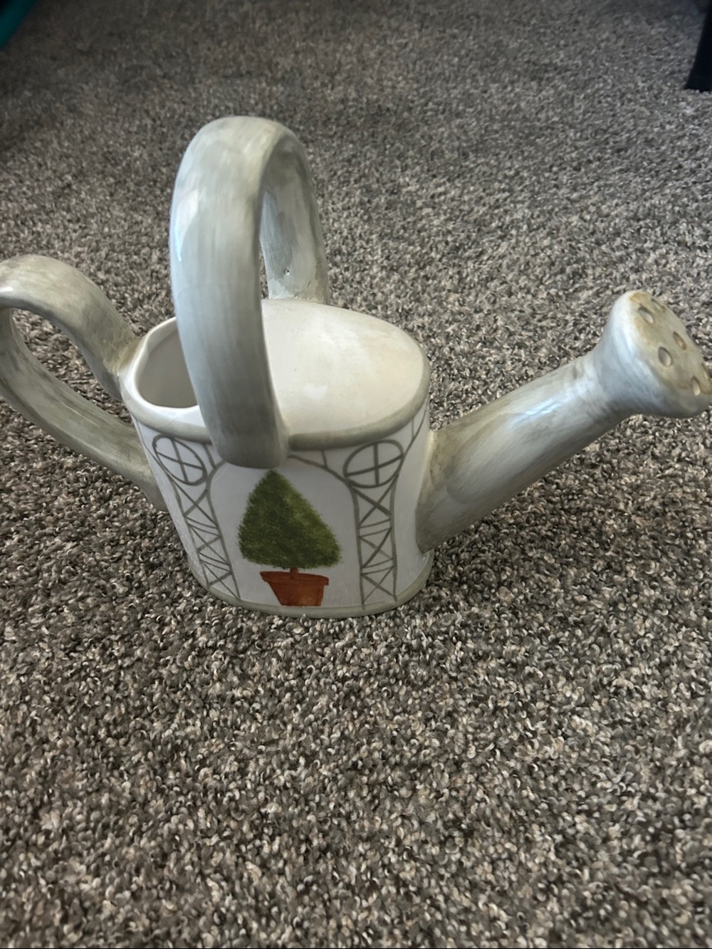 Neutral Ceramic Watering Can Decor with Green Topiary Motif